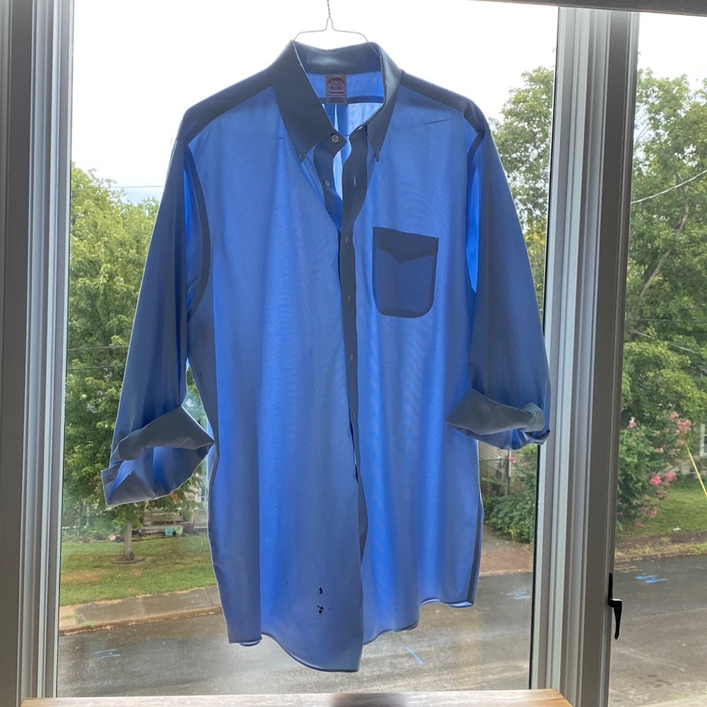 Brooks Brothers small check light blue button down. Small ink stain at bottom.